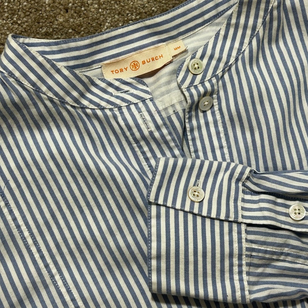 Tory Burch M Long Sleeve Blouse Striped Cotton Blend Mandarin Collar Blue White